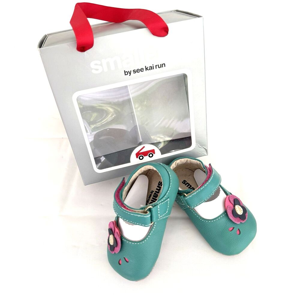 SMALLER See Kai Run Baby Girl 6-9M Crib Shoes Leather Aqua Pink Floral Mary Jane